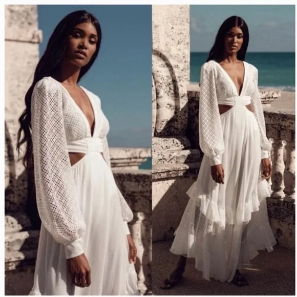patbo zamia lace trim maxi dress Patbo Zamia Ruffle V-Neck Dress - Magenta